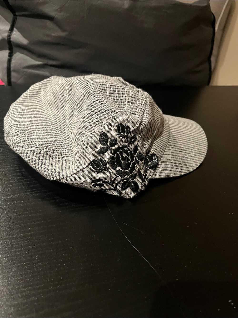 Striped Grey Newsboy Cap with Black Floral Embroidery
